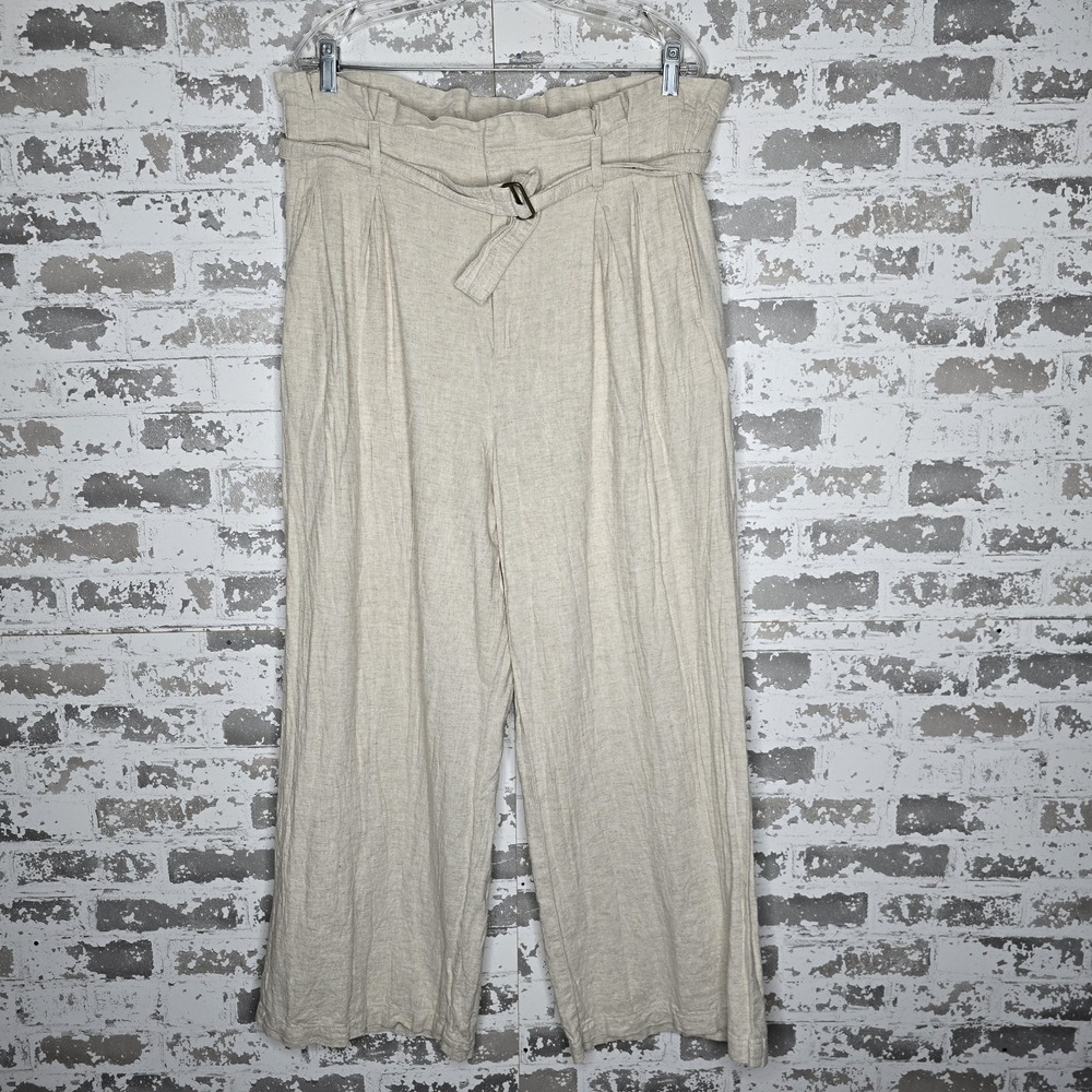 Banana Republic Pants Womens 14 Wide Leg Paperbag Waist Belted Linen Blend Flax